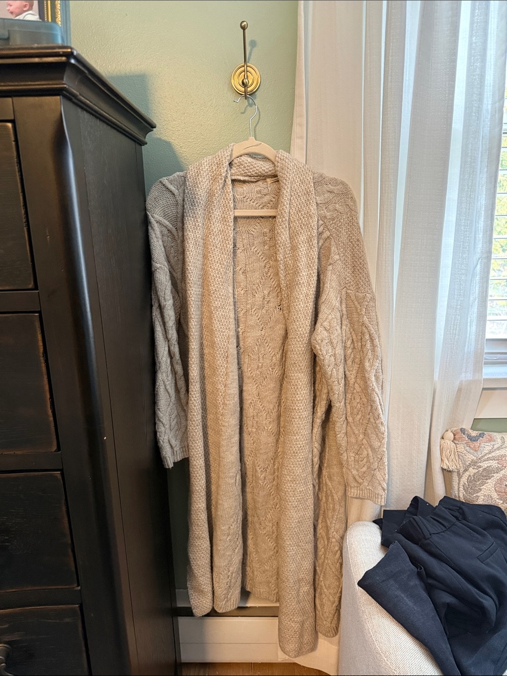 Anthropologie Long Cable Knit Open Cardigan in Beige